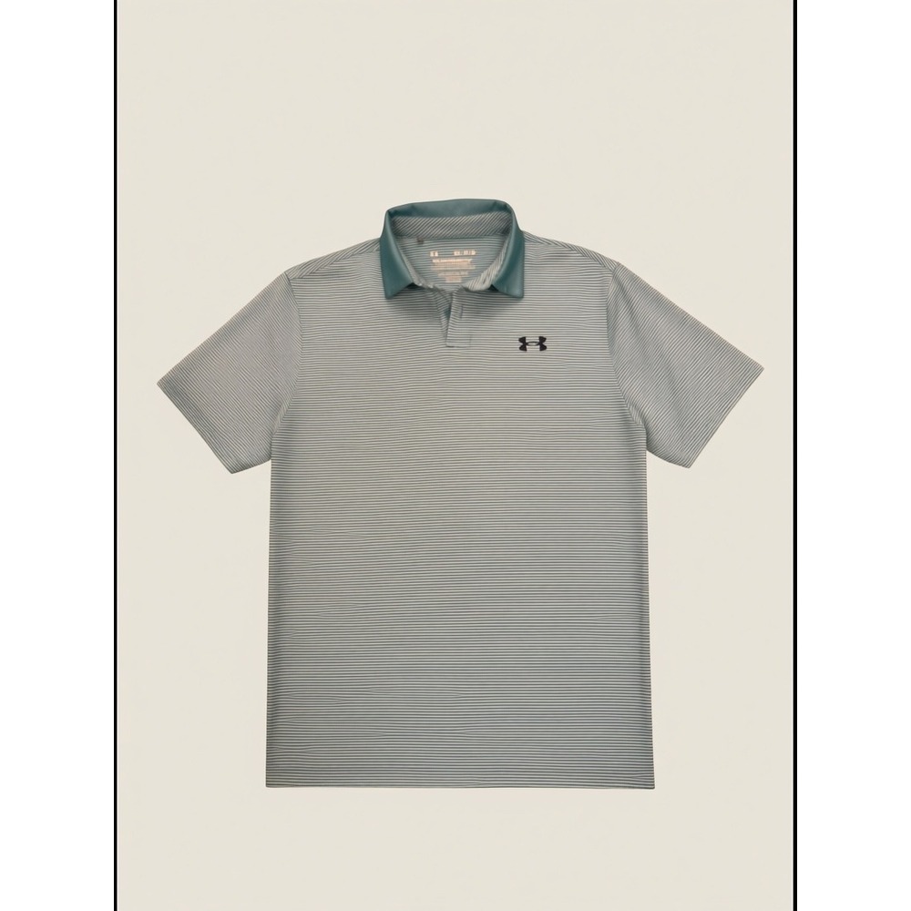 Under Armour Mens Performance Polo Shirt Teal White Striped HeatGear Medium M